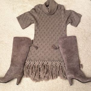 Kenar Women's taupe/grey Wool Blend Cowl Neck Short Sleeve Fringe Detail